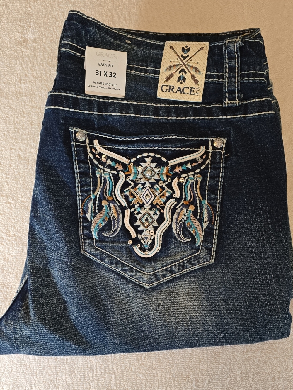 Grace in LA Western Steerhead Feather Embroidered Bootcut Jeans 31 - Picture 1 of 7